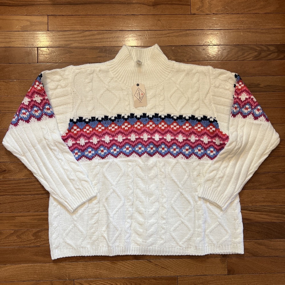 NWT Fair Isle Sweater 3X Ivory Multi Pink Blue Red Cable Knit Mock Neck St Johns